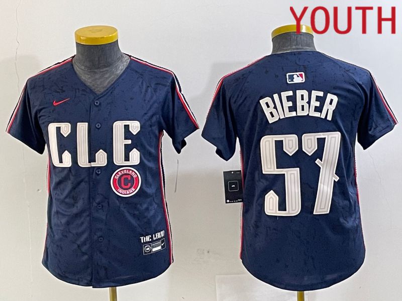 Youth Cleveland Indians 57 Bieber Blue City Edition Nike 2024 MLB Jersey style 5